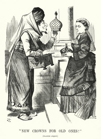 Punch tegneserie: New Crowns for Old Ones. Benjamin Disraeli (som Aladdin) med dronning Victoria - Royal Titles Act 1876 som anerkjenner dronningen som keiserinne av India (gravering) av John (after) Tenniel