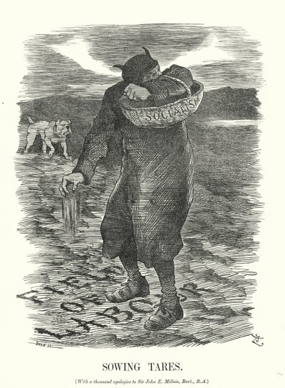 Punch tegneserie: Sowing Tares - frykten for spredningen av sosialisme blant britiske arbeidere (gravering) av John (after) Tenniel