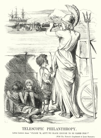 Punch tegneserie: Telescopic Philanthropy - den viktorianske middelklassens opptatthet av hjelp til de fattige utenlands heller solbrun hjemme (gravering) av John (after) Tenniel
