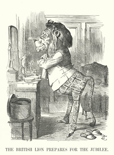 Punch tegneserie: Den britiske løven forbereder seg på jubileet - Dronning Victorias gylne jubileum av John (after) Tenniel