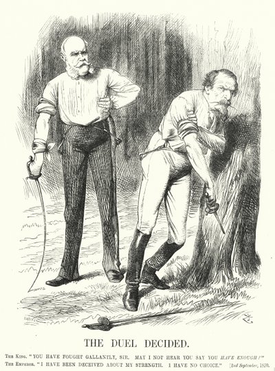 Punch tegneserie: The Duel Decided - Frankrikes nederlag i den fransk-prøyssiske krigen (gravering) av John (after) Tenniel