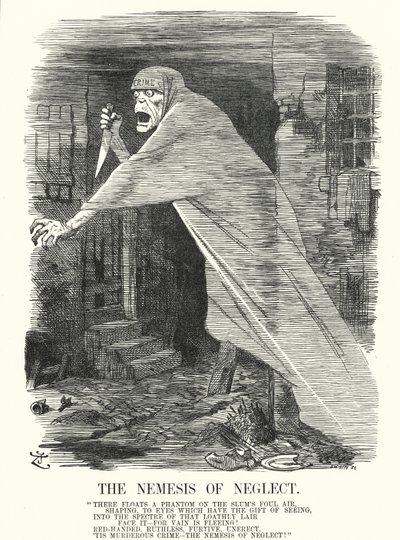 Punch tegneserie: The Nemesis of Neglect - fattigdom og kriminalitet i London på tidspunktet for Jack the Ripper-drapene (gravering) av John (after) Tenniel