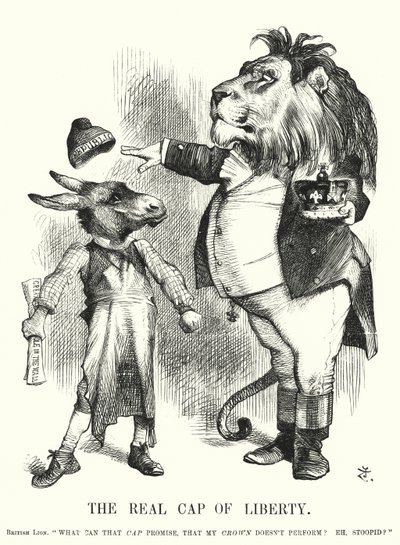 Punch tegneserie: The Real Cap of Liberty - overlegenheten til Storbritannias konstitusjonelle monarki over republikanisme (gravering) av John (after) Tenniel