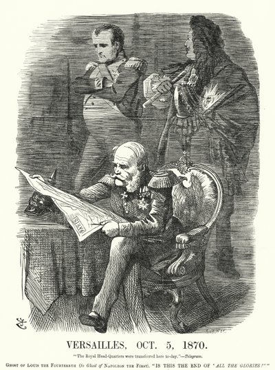 Punch tegneserie: Versailles, 5. oktober 1870 - ydmykelsen av Frankrike i den fransk-prøyssiske krigen (gravering) av John (after) Tenniel