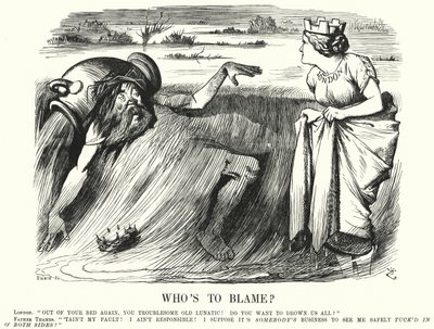 Punch tegneserie: Hvem har skylden? - oppfordrer til å iverksette tiltak for å forhindre flom av Themsen i London (gravering) av John (after) Tenniel