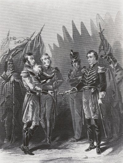 Den amerikanske generalen William Hulls overgivelse til britiske tropper og indianerkrigere i Detroit, 15. juli av Walter Charles Mills