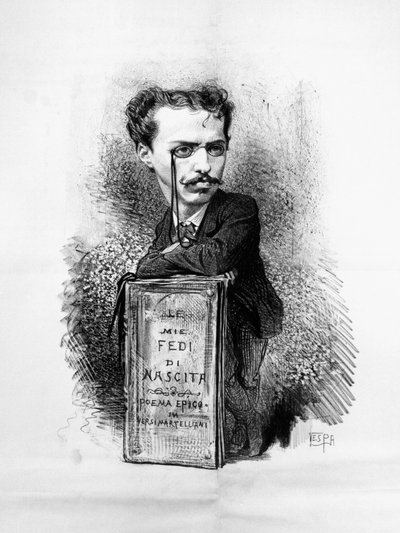 Karikaturportrett av Felice Carlo Emanuele Cavallotti (1842-1898), italiensk poet, dramatiker, venstreorientert, antimonarkistisk journalist, patriot og politisk leder, gravering av Walter Charles Mills