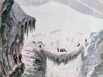 Klatring Mont Blanc, klatrere suspendert fra sprekk, akvarell, Frankrike av Walter Charles Mills