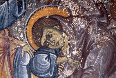 Helgenfigur, av Ioannis Pagomenos, detalj av freskomaleri i den bysantinske kirken St George, Anidri, Kreta, Hellas (bilde) av Walter Charles Mills