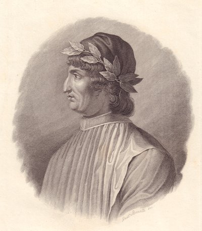 Portrett av den italienske poeten og humanisten Angelo Ambrogini også kjent som Poliziano (1454-1494), kobberstikk av G Bonatti av Walter Charles Mills