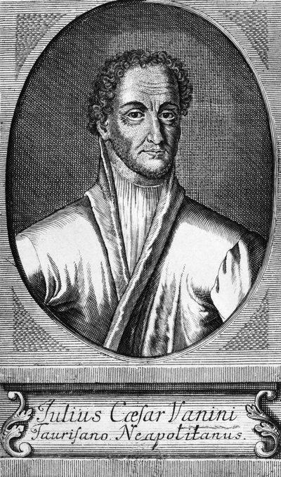 Portrett av Lucilio Vanini, kjent som Giulio Cesare Vanini (1585-1619), italiensk filosof, lege og fritenker som var en av de første betydelige representantene for intellektuell libertinisme, gravering av Walter Charles Mills