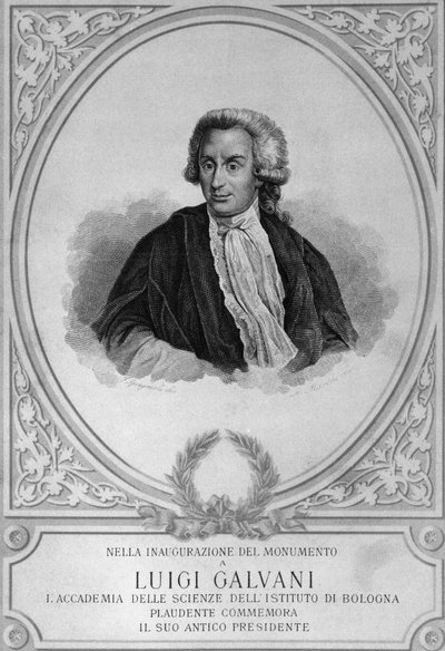 Portrett av Luigi Galvani (1737-1798), italiensk fysiolog, fysiker, biolog og anatom, som oppdaget dyreelektrisitet, tegning av Walter Charles Mills