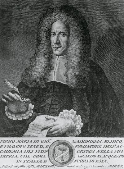 Portrett av Pirro Maria Gabbrielli (1643-1705), italiensk filosof og professor i teoretisk medisin og botanikk, gravering av Cosimo Zocchi (aktiv 1740-ca 1787) av Walter Charles Mills