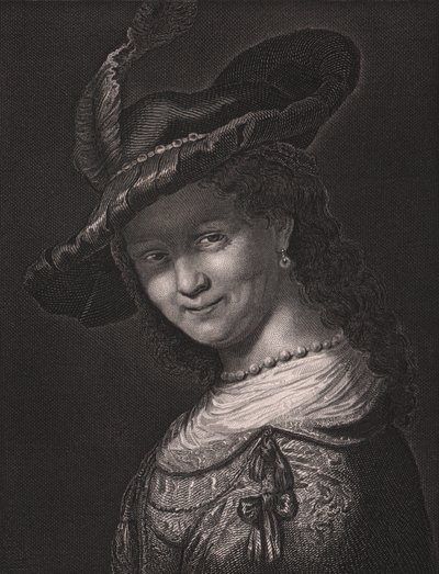 Portrett av Saskia van Uylenburgh (1612-1642), kone til Rembrandt, gravering av L Raab fra maleri av Rembrandt, fra Paynes Royal Dresden Gallery, av Albert Henry Payne, H Payne Dresden og Leipzig Publisher, ca. 1840 av Walter Charles Mills
