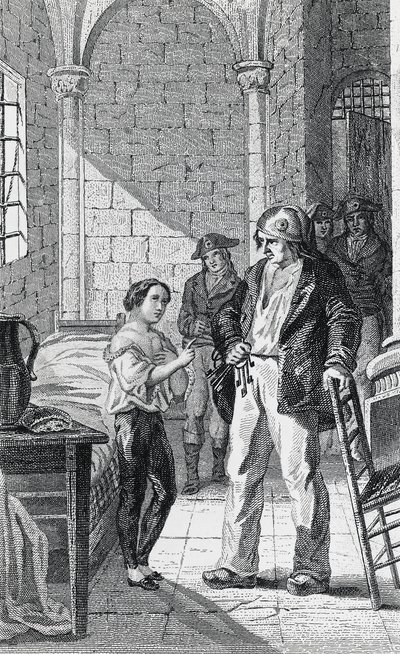 Dauphin Louis Charles og hans omsorgsperson Antoine Simon i Temple-fengselet, gravering av Philippoteaux og Girardet, den franske revolusjonen, Frankrike av Walter Charles Mills