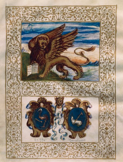 Den bevingede løven i Venezia og Leffe og Gandinos våpenskjold, miniatyr fra Privilegio della Serenissima alla Val Gandino, 18. juni av Walter Charles Mills