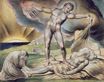 Satan slår Job med byller, side 6 fra 'Illustrasjoner av Jobs bok', etter William Blake (1757-1827) ca. 1823 (penn og blekk med vask på papir) av John (circle of) Linnell