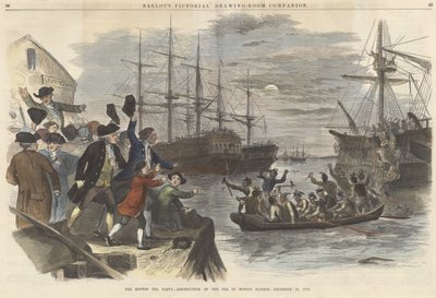 The Boston Tea Party? Ødeleggelse av teen i Boston Harbor, 16. desember 1773, fra puben Ballous Pictorial Drawing-Room Companion. 1865 (fargegravering) av John Andrew