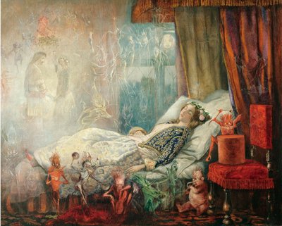 ""Le reve apres le bal masque"" (Drømmen etter maskeballen) Peinture de John Anster Fitzgerald (1832-1906), - Olje på lerret, 35,5x44,5 - Privat samling av John Anster Fitzgerald
