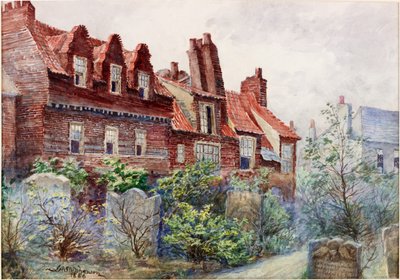 Hus i Silver Street fra All Saints Churchyard, Newcastle upon Tyne, 1886 kroppsfarge, blyant og wc på papir av John Atlantic Stephenson