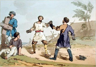 Boksing, etset av kunstneren, utgitt 1804 (farge litho) av John Augustus Atkinson