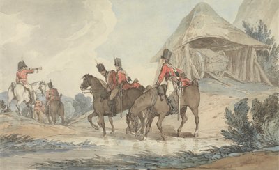 Kavalerister som passerer gjennom en bekk, blir mønstret av en trompetist av John Augustus Atkinson