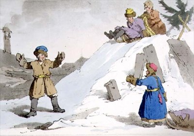 Children Going Down an Ice Hill, plate 38 fra bind II av "The Manners, Customs and Amusements of the Russians", etset av kunstneren, pub. 1804 (akvatint) av John Augustus Atkinson