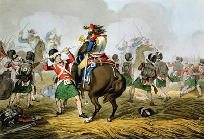 Franske Cuirassiers i slaget ved Waterloo, anklaget og beseiret av Highlanders og Scots Greys, gravert av Matthew Dubourg (fl.1813-20) fra 