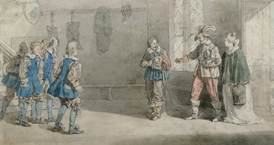 Petruchio, Katarina og tjenere i en scene fra 