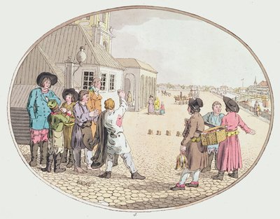 Russian Village Scene, tidlig på 1800-tallet (håndfarget etsning) av John Augustus Atkinson