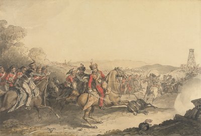 Markisen av Anglesea ble såret mens han ledet en ansats for tungt kavaleri ved slutten av slaget ved Waterloo av John Augustus Atkinson