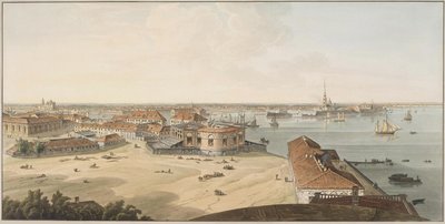 Utsikt til spyttet på Vasilyevsky Island og Peter og Paul festning, mellom 1802 og 1805 av John Augustus Atkinson