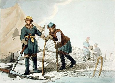 Vinterfiske, etset av kunstneren, utgitt 1804 (farge litho) av John Augustus Atkinson