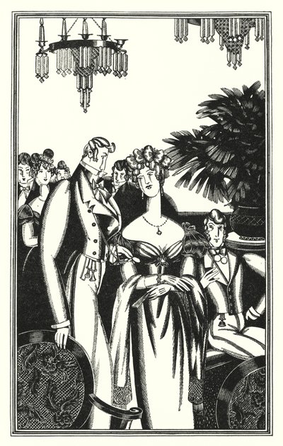 Illustrasjon for Don Juan av Lord Byron: Juan ble mottatt i det beste samfunnet (litho) av John Austen