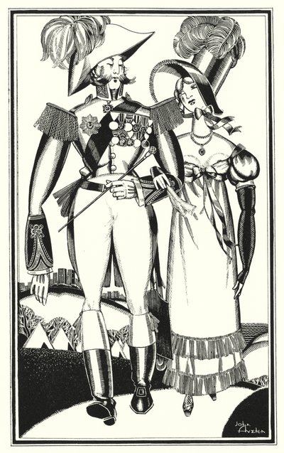 Illustrasjon for Don Juan av Lord Byron: Medaljer, rangering, bånd, blonder, broderi, scarlet (litho) av John Austen