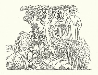 Illustrasjon for Persuasian av Jane Austen (farge litho) av John Austen