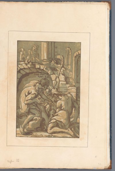 Tre figurer nær en bue Amicis suis necnon unicuique (...) (serietittel på objekt) av John B. Skippe