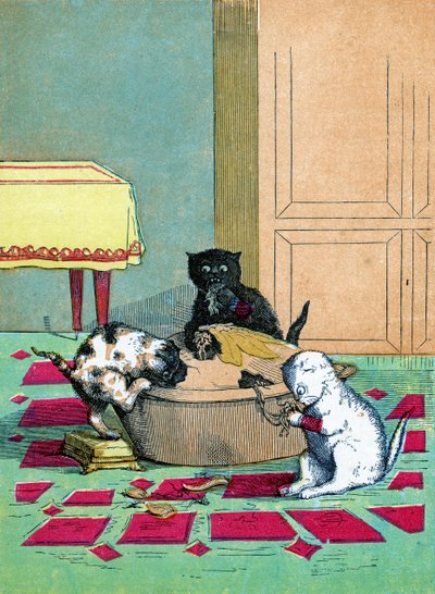 Tre små kattunger med votter og spiser en pai, Illustrasjon fra "Three Little Kittens" 1859 av John Ballantyne