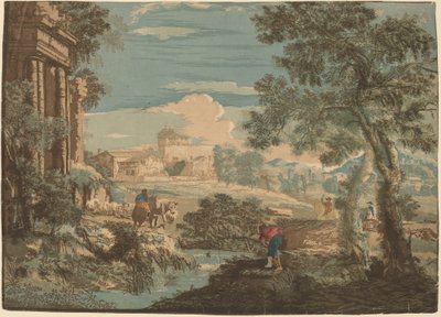 Heroisk landskap med fisker, kyr og ryttere av John Baptist Jackson after Marco Ricci