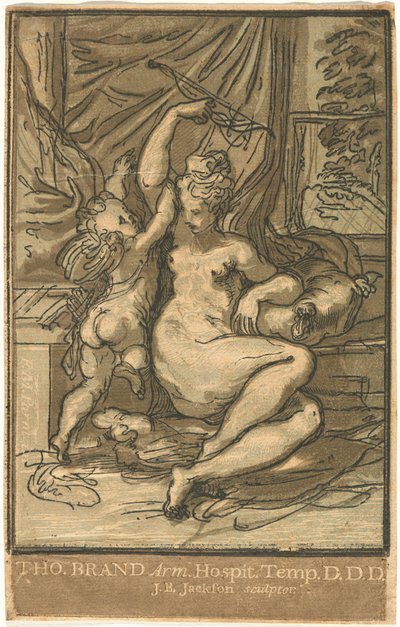 Venus og Amor med bue av John Baptist Jackson, after Parmigianino