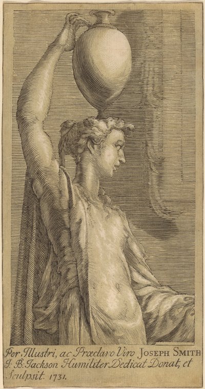 Kvinne som står og holder en krukke på hodet av John Baptist Jackson, after Parmigianino