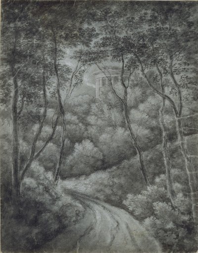 Landskap med en sti gjennom en skog og et klassisk tempel (myk grafitt og hvitt kritt på blått papir) av John Baptist Malchair