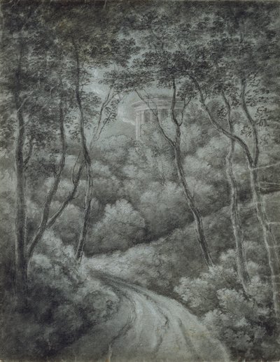 Landskap med en sti gjennom en skog og et klassisk tempel, sent på 1700-tallet. av John Baptist Malchair
