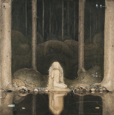 Prinsesse Tuvstarr sitter fortsatt der vemodig og ser ut i vannet, 1913 av John Bauer