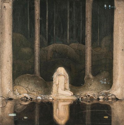 Prinsesse Tuvstarr ser på vannet i innsjøen med nostalgi av John Bauer
