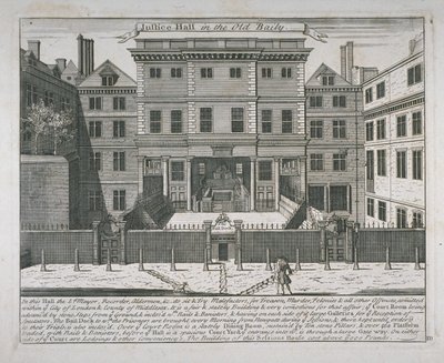 Utsikt over Justice Hall, Old Bailey, ca. 1740 av John Bowles