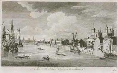 En utsikt over Tower of London tatt på Themsen av John Boydell