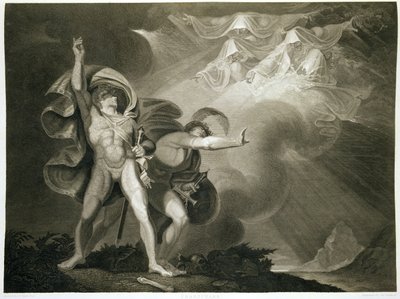 Macbeth, Banquo and the Three Witches on the Heath i akt I, Scene III av Macbeth av William Shakespeare (1564-1616) publisert 1805 av John Boydell