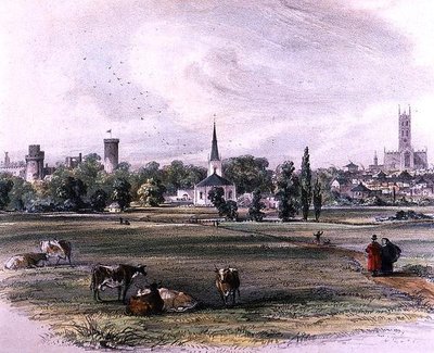Warwick, fra St Nicholas Meadow (farget blyant på papir) av John Brandard