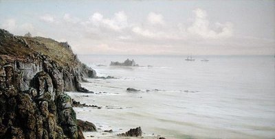 En steinete kystlinje (olje om bord) av John Brett